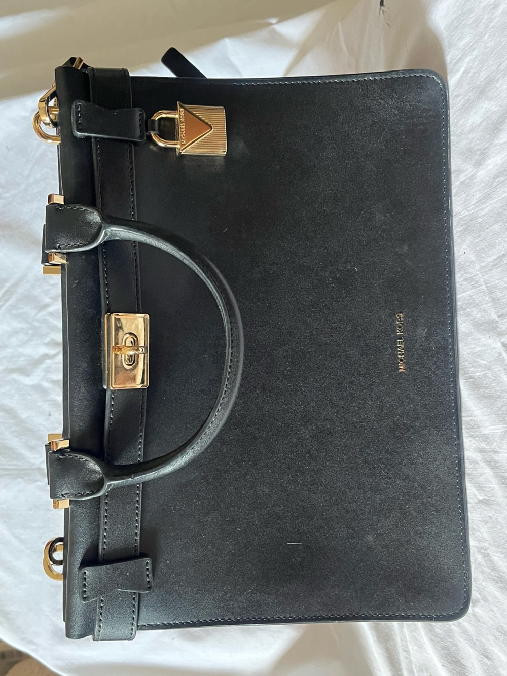 Michael Kors Black Leather Structured Satchel with Gold Hardware